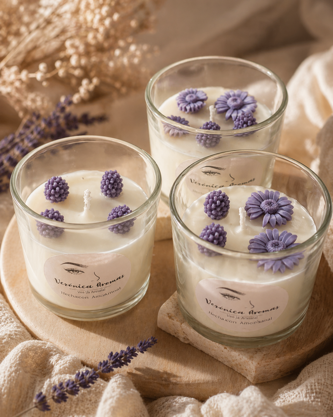 Velas de soja Verónica Aromas con flores de lavanda